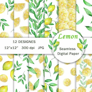 Watercolor Lemons Digital Papers | Citrus Seamless Pattern | Yellow Paper | Summer Lemons Fruit clipart | Greenery paper | floral background