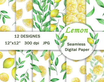 Watercolor Lemons Digital Papers | Citrus Seamless Pattern | Yellow Paper | Summer Lemons Fruit Clipart | Greenery Paper | Floral Background