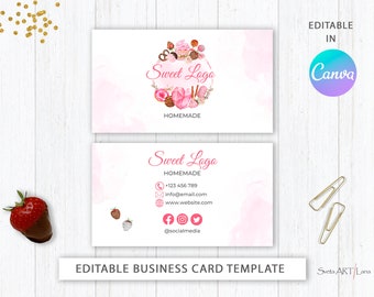 Bakery Business Card Template | Custom Business Card Editable | Printable Business Card Design | Watercolor Sweet Treats Breakable Heart
