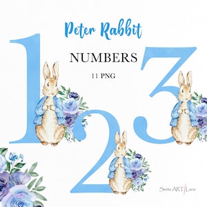 Peter Rabbit Blaues Blumenzahlen PNG | Aquarell Peter Rabbit Einzelne Zahlen Clipart | Niedliches Häschen mit blauen Zahlen als png