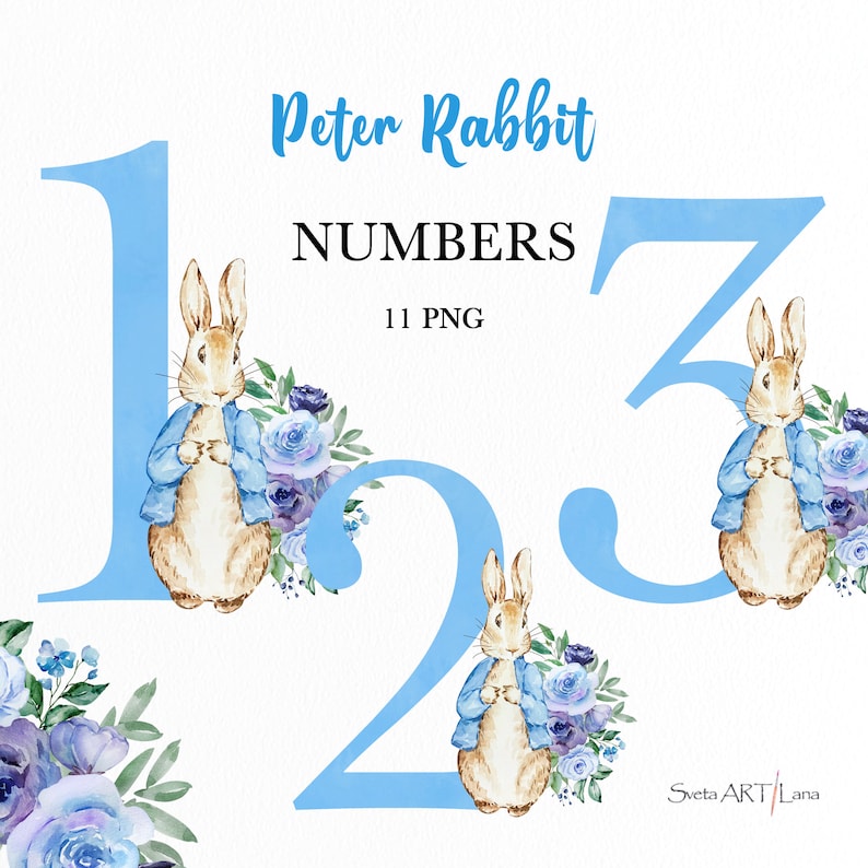 Peter Rabbit Blue Floral Numbers PNG | Watercolor Peter Rabbit ...