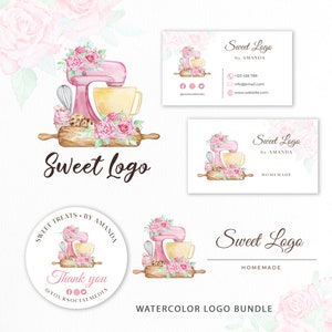Bewerkbare zakelijke bakkersbundel | Bakkerijvisitekaartje | Logobranding aquarelroze mixer | Zoete lekkernijen kant-en-klare set logo-sjabloon bewerken