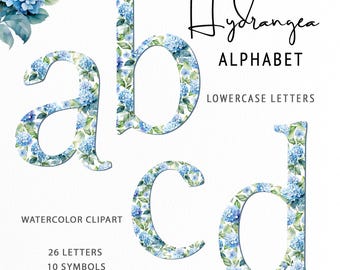 Watercolor Hydrangea Flowers Alphabet Clipart | Blue Letters | Floral Alphabet | Monogram Initials PNG | Lowercase Letters Flowers Clipart