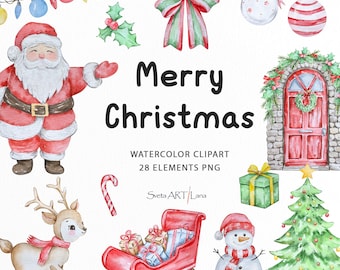 Watercolor Christmas Clipart | Doodles Christmas | Quirky Christmas | Christmas Tree | Santa Claus png | Coquette Christmas | Xmas Whimsical
