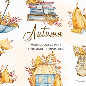 Watercolor Cozy Autumn clipart set | Aesthetic Autumn compositions clipart | Boho Happy Thanksgiving | Nursery Fall Clipart | Farmhouse png