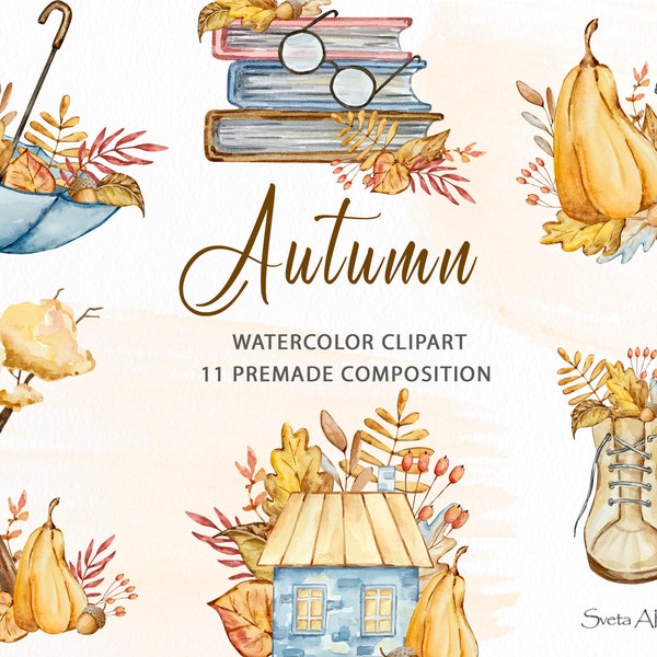 Aquarell Kuschelige Herbst Clipart | Herbstliche Komposition Clipart | Happy Thanksgiving | Herbstkarten Dekor Clipart | Rustikale Bauernhaus Ästhetik