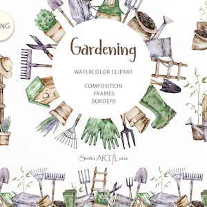Imágenes prediseñadas de jardinería de acuarela / Imágenes prediseñadas de jardín de granja / Rústico de primavera / Arreglo de herramientas de jardín / marco de jardín png / Composición de jardín
