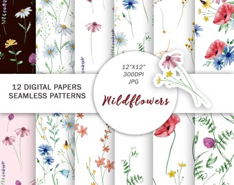 Wildflowers Digital Papers | Seamless Patterns Botanical | Watercolor Floral Paper | Flowers Background | Meadow Printable Paper | Farmhouse
