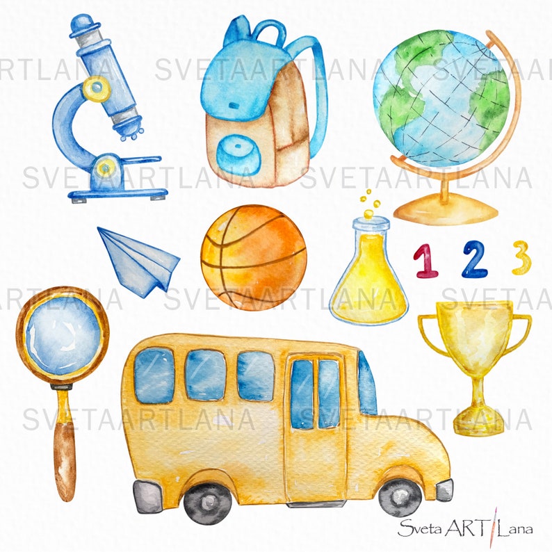 May include: Watercolor illustrations of school-themed objects, including a blue microscope, a tan and blue backpack, a globe, a paper airplane, a basketball, a yellow beaker, the numbers 1, 2, and 3, a magnifying glass, a yellow school bus, and a gold trophy.