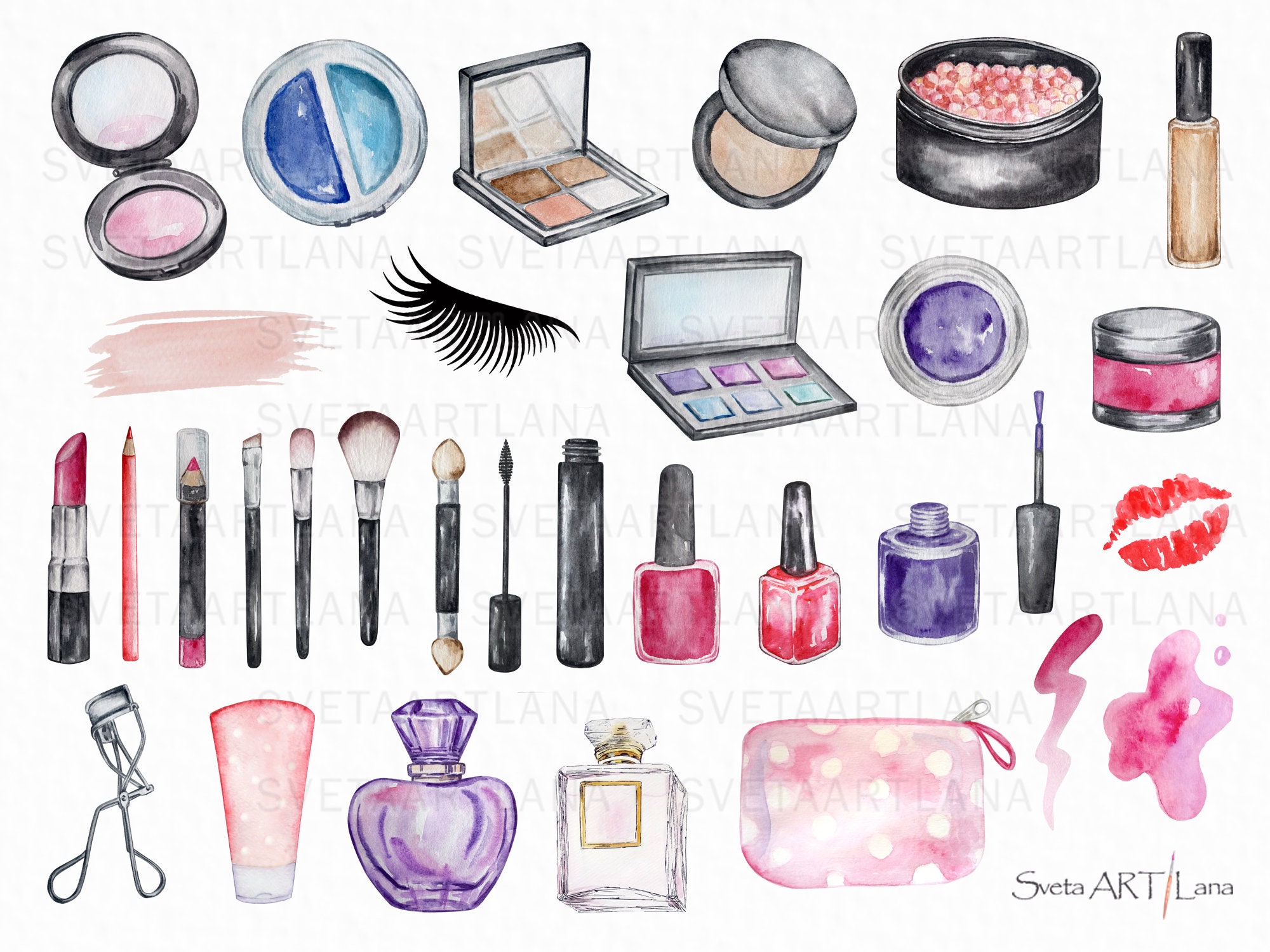 Watercolor Make up Clipart. Cosmetics Clipart Makeup Brushes Beauty Girl  Clipart Make up Cosmetic Visagiste Perfume Manicure 