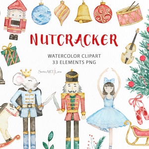 Quebra-nozes Natal Clipart | Balé Quebra-nozes em Aquarela | Clipart de inverno | Árvore de Natal | Menina bailarina | Clip art de férias | Vegetação