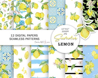 Watercolor Lemon and Italian Tile Digital Paper | Citrus Fresh and Mediterranean Inspired Design | summer fruit paper background yellow