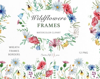 Watercolor Wildflowers Frames, Meadow Clipart, Wedding Clipart, wild flowers wreath, Floral Spring, Summer Wild flower border, botanical