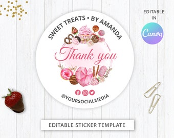 Bäckerei Aufkleber Danke Vorlage | Benutzerdefinierter Aufkleber bearbeitbar | Druckbare Danke Aufkleber Design | Aquarell süße Leckereien zerbrechliche Herz