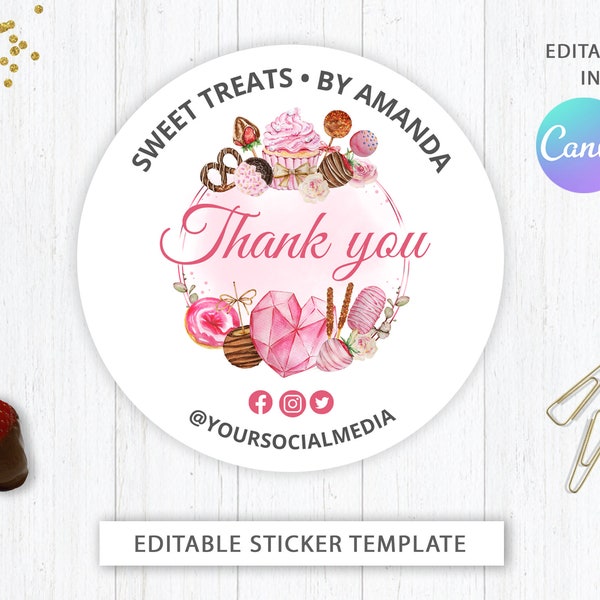 Bakery Sticker Thank you Template | Custom Sticker Editable | Printable Thank you sticker Design | Watercolor Sweet Treats Breakable Heart