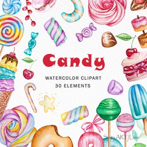 Candy Watercolor Clipart | Rainbow Sweets Clip Art | Lollipop Candies | Birthday Candy party | Colorful candy shop | Ice cream, marshmellow