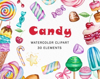 May include: A collection of watercolor illustrations featuring various candies, including lollipops, ice cream, marshmallows, and cherries. The text reads Candy WATERCOLOR CLIPART 30 ELEMENTS. The artwork is arranged on a white background with vibrant colors.
