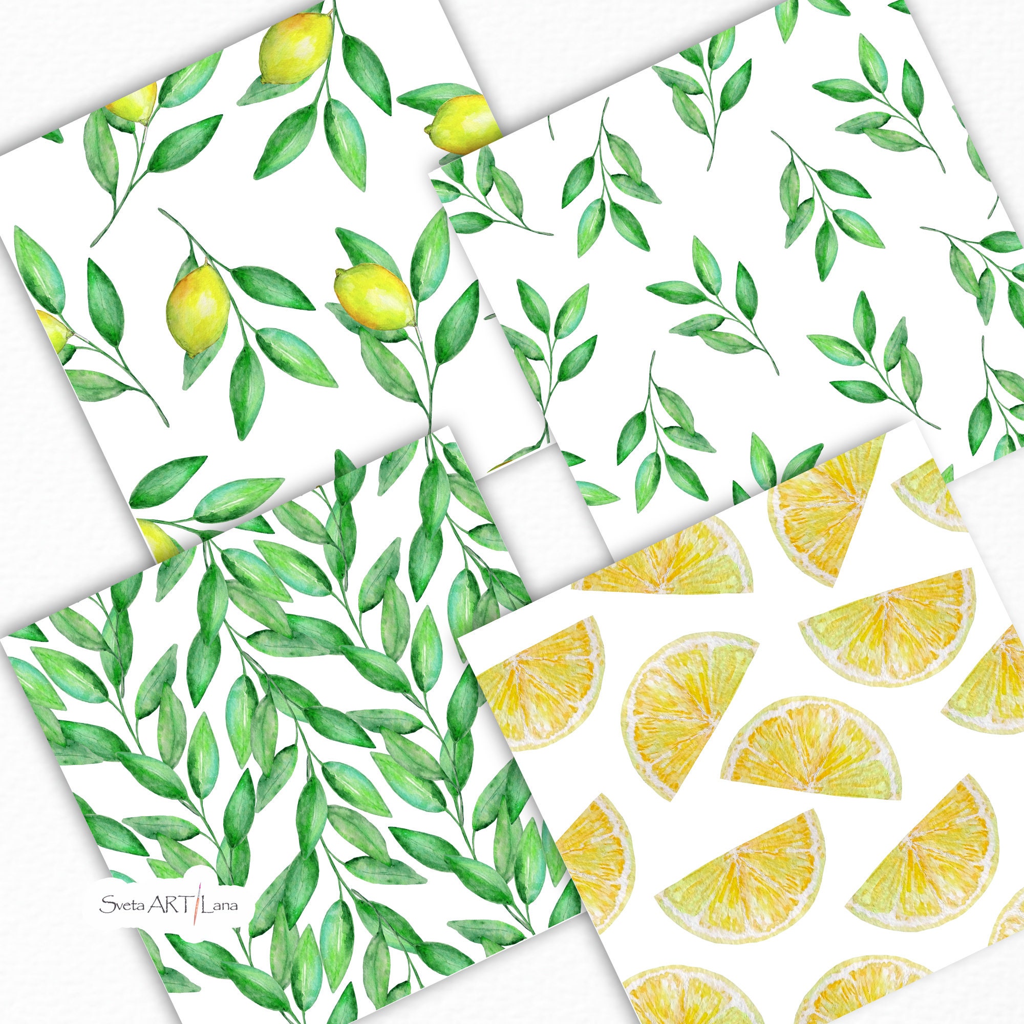Watercolor Lemons Digital Papers | Citrus Seamless Pattern | Yellow ...