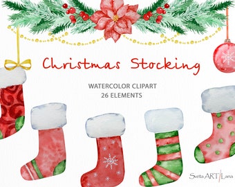Könnte beinhalten: Aquarell-Clipart von Weihnachtsstrümpfen mit verschiedenen Designs. Die Strümpfe sind rot und grün mit weißem Besatz. Über den Strümpfen befindet sich eine Girlande aus Kiefernästen mit roten Beeren und einer roten Weihnachtsstern. Der Text "Christmas Stocking" ist in Rot geschrieben und der Text "Watercolor Clipart 26 Elements" ist in Schwarz geschrieben.