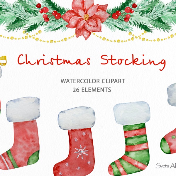 Clipart de medias navideñas / Calcetines navideños de acuarela / PNG tradicional de Navidad / Clipart verde de invierno / Familia de Navidad / Clipart de Santa
