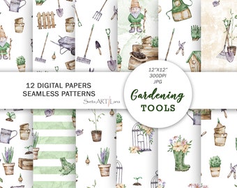 Gardening tools Digital Paper | Watercolor garden seamless pattern | farmhouse Background | Garden Gnome Background | Rustic Spring floral