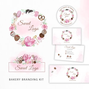 Brandingkit voor bakkerij | Bewerkbaar bakkerijvisitekaartje | Bundel met aquarel hart breekbaar logo | Zoete lekkernijen kant-en-klare logosjablonen bewerken