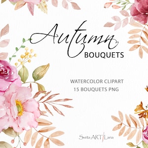 Autumn Watercolor Floral Clipart | Autumn Flowers Bouquets | Watercolor Fall Flowers | Marsala Burgundy Blush Florals | Wedding Boho Flowers