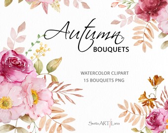 Autumn Watercolor Floral Clipart | Autumn Flowers Bouquets | Watercolor Fall Flowers | Marsala Burgundy Blush Florals | Elegant Boho Flowers