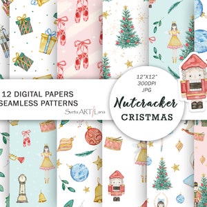 Papéis digitais de quebra-nozes de Natal | Padrões de bailarina em aquarela | Padrões de tecido sem costura | Fundo de férias de inverno | Árvore de Natal
