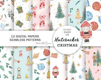 Christmas Nutcracker Digital Paper | Watercolor Ballerina Patterns | Fabric Seamless Patterns | Winter Holiday Background | Christmas Tree