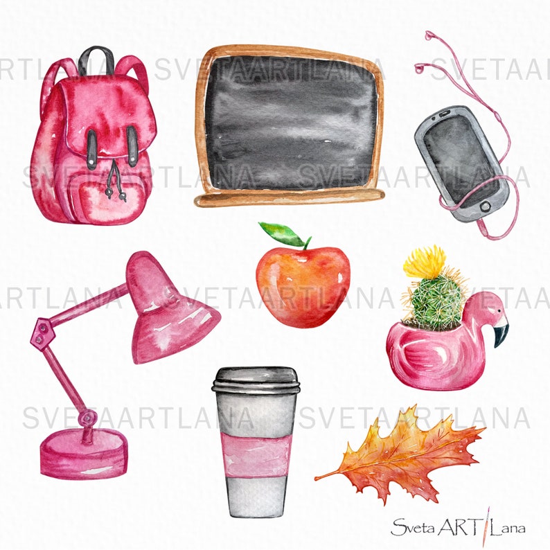 May include: A watercolor illustration of school supplies, including a pink backpack, a chalkboard, a pink lamp, a red apple, a pink flamingo planter with a cactus, a cup of coffee, and a fall leaf.