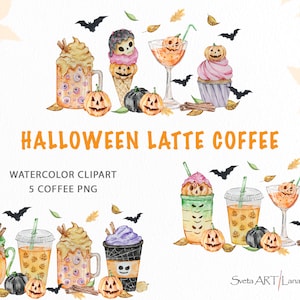 Watercolor Halloween Coffee Clipart Png | Horror Coffee Png | Fall Latte png | Warm Cozy Autumn Drinks | Horror Movie Inspired Cocktails png