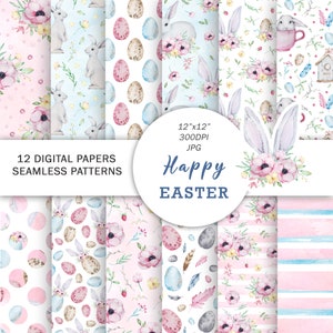 Aquarell Ostern Digitale Papiere I Frühling Ostern Muster | Häschen-Muster | Kinderzimmer Osterpapier| Niedliches Ostermuster | florales Papier