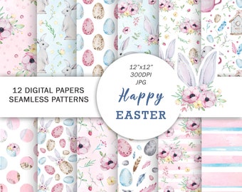 Watercolor Easter Digital Papers I Spring Easter Seamless Pattern | Bunny Pattern | Nursery Easter Paper| Cute Easter Pattern | Floral Paper