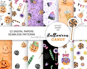 Halloween Candy digital paper pack | Watercolor spooky Halloween seamless pattern | Happy Halloween party decoration Scrapbook pattern paper