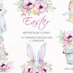Ostern Aquarell Clipart | Kinderzimmer Hasenkomposition | Rosa Blumenstrauß | Frühling Blossom Clipart | Niedliches weißes Kaninchen | Bauernhof Clipart