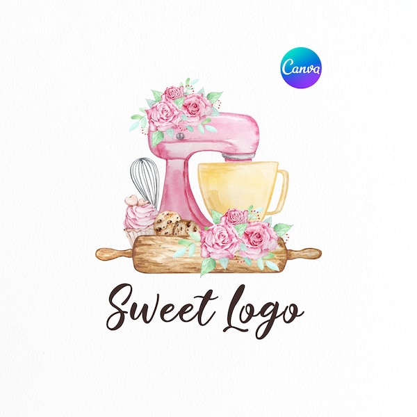 Logotipo de horneado prefabricado Mezclador rosa / Logotipo de pastel / Logotipo de panadería de acuarela / Diseño de logotipo de postre dulce shef / Logotipo personalizado de empresa / Logotipo de pastelería