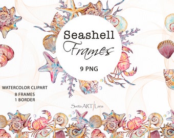 Watercolor Seashells Frames clipart | Nautical Clipart | Underwater border PNG | summer clipart | tropical wreath | under the sea decor png