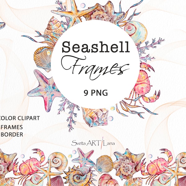 Watercolor seashells frames clipart | Nautical Clipart | underwater border PNG | summer clipart | tropical wreath | wildlife decor png