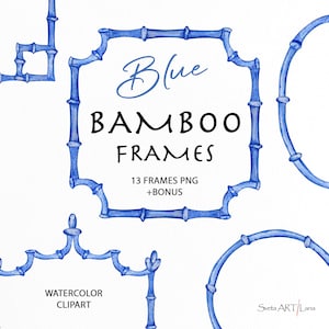 Aquarelle bambou bleu cadres des cliparts | Noeud bleu | Frontières grand-millénaire clipart | Clipart cadres vintage | Style chinoiserie bleue PNG
