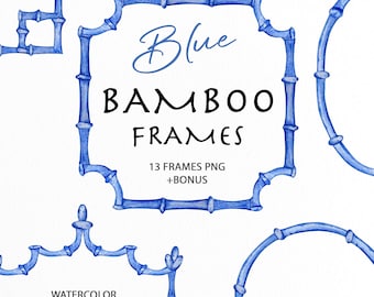 Watercolor Blue Bamboo Frames Clipart | Blue bow | Grandmillennial Borders clipart | Vintage Frames Clipart | Blue Chinoiserie style PNG