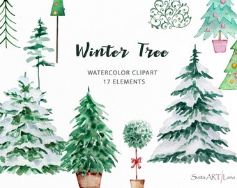 Watercolor Christmas Tree Clipart | Snow Covered Tree | Happy Holiday Winter Clipart | New Year Pine Tree | Scandinavian Clipart | Evergreen