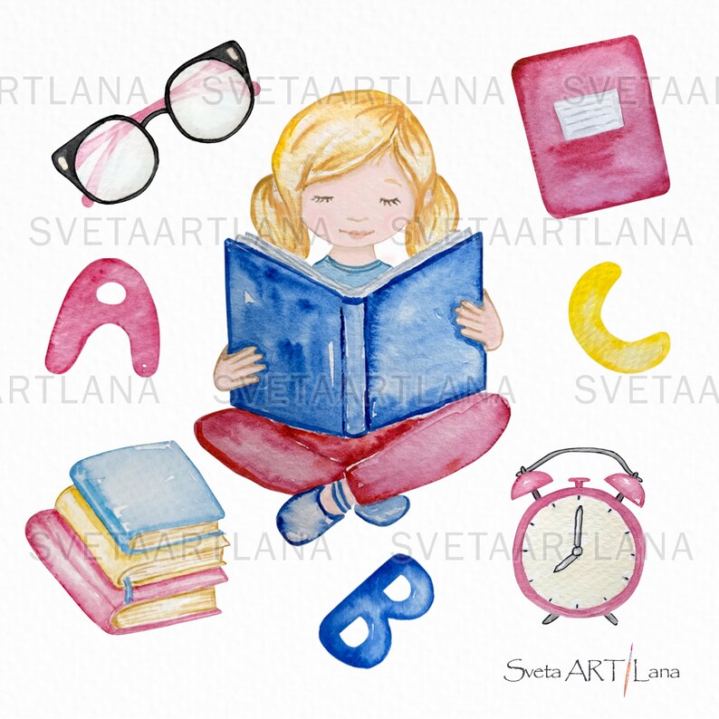 May include: A watercolor illustration of a girl reading a book. She is sitting with her legs crossed and wearing a pink dress. The book is blue and open. There are letters A, B, and C around her, as well as a stack of books, a pair of glasses, a notebook, and an alarm clock.