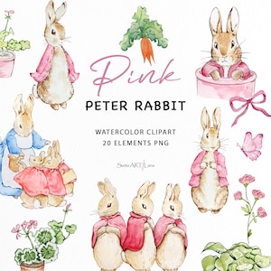 Hase Pink Clipart | Aquarell Kaninchen PNG | Beatrix Potter Kunstbilder | Niedliche Hasen Flopsie Illustrationen | Baby Kinderzimmer Clipart