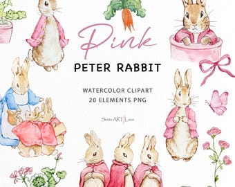 Peter Rabbit Pink Clipart | Watercolor Rabbit PNG | Beatrix Potter art images | Cute Bunny Flopsy illustrations | baby nursery | WPRC78