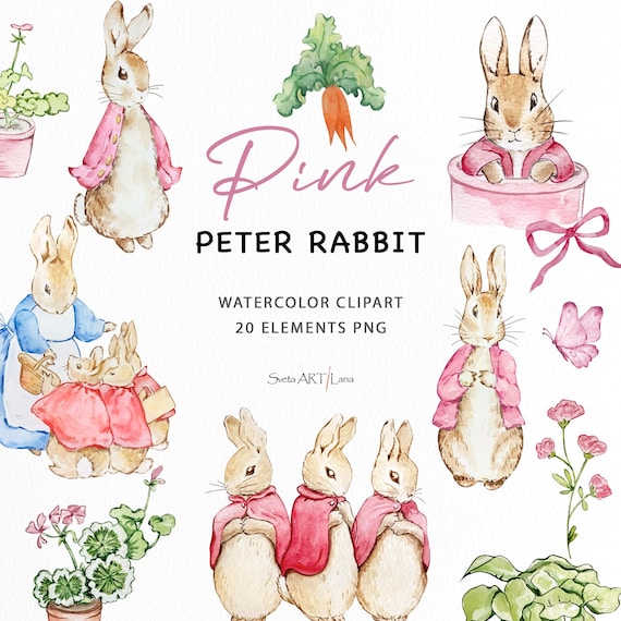Peter Rabbit Pink Clipart | Watercolor Rabbit PNG | Beatrix Potter art images | Cute Bunny Flopsy illustrations | baby nursery | WPRC78
