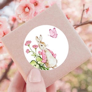 May include: A round sticker with a watercolor illustration of a brown rabbit wearing a pink jacket. The rabbit is surrounded by green leaves and pink flowers. A pink butterfly is flying above the rabbit.