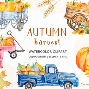 Aquarell Ernte LKW Kürbisse Clipart | Holzwagen | Herbst Clipart | Roter Wagen | Herbst Sonnenblume | Erntedank Dekor | Bauernhaus png