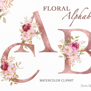 Imágenes prediseñadas del alfabeto floral de acuarela / Letras Boho / alfabeto floral de otoño / iniciales de monograma PNG / Monograma de decoración de boda / Letra de flores