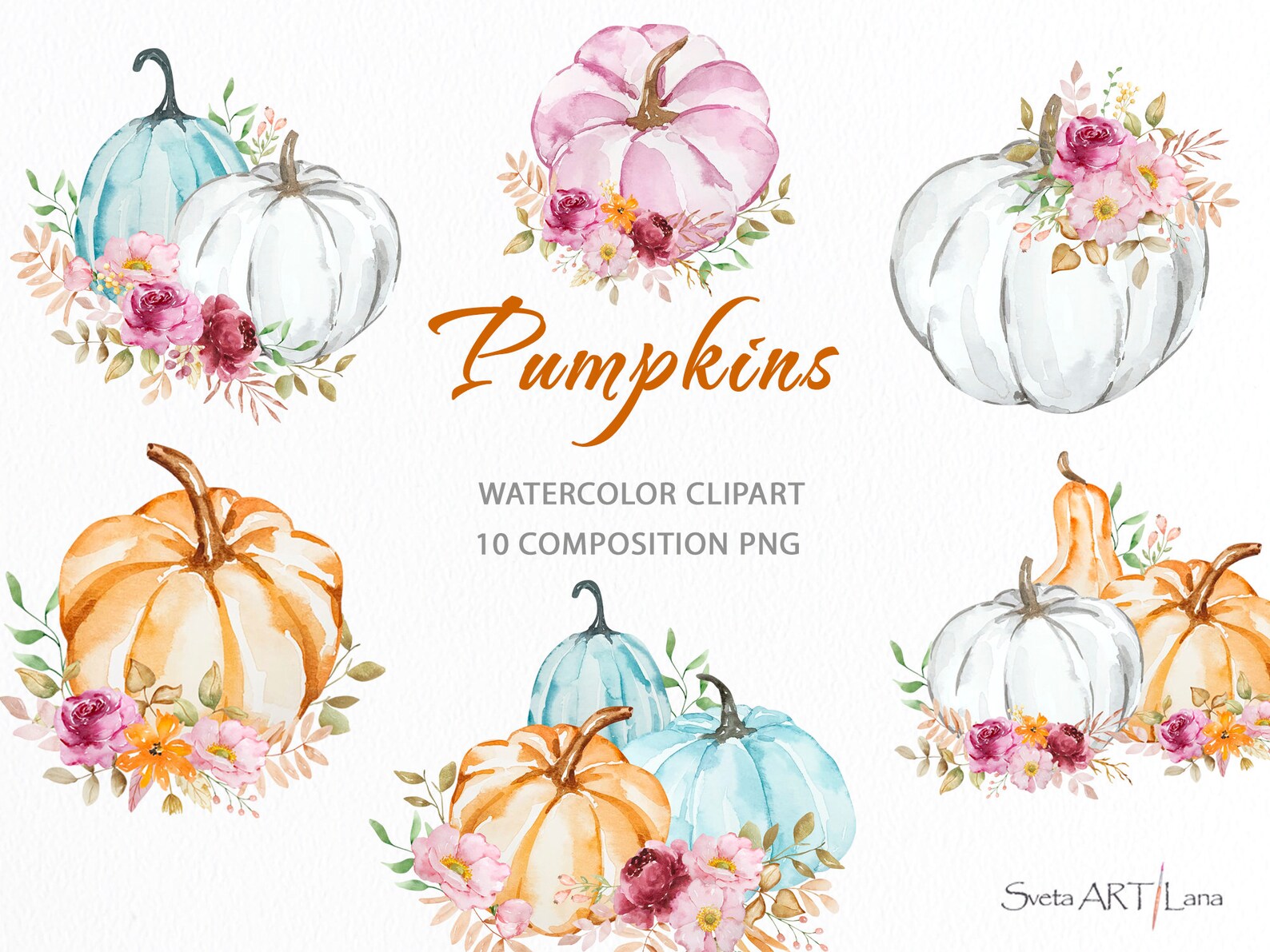 Watercolor Pumpkin Clipart Autumn Pastel Pumpkins Floral - Etsy
